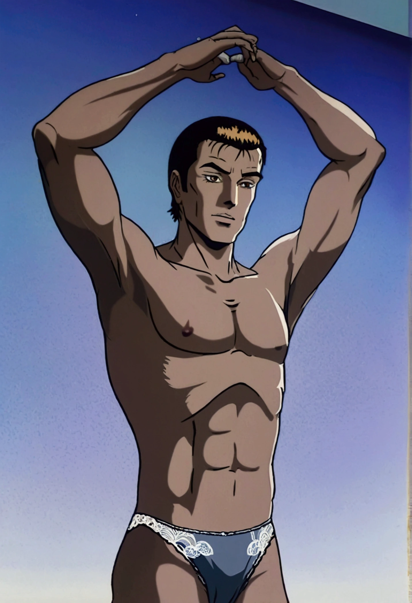 A drawing of a man wearing a sexy, lacy swimsuit, very sexy, toned and slim body, skin fair, honey brown eyes, arms up and behind the head, hair tied back and half loose on the shoulder, wild look, cock erect and marked under the fabric upwards.