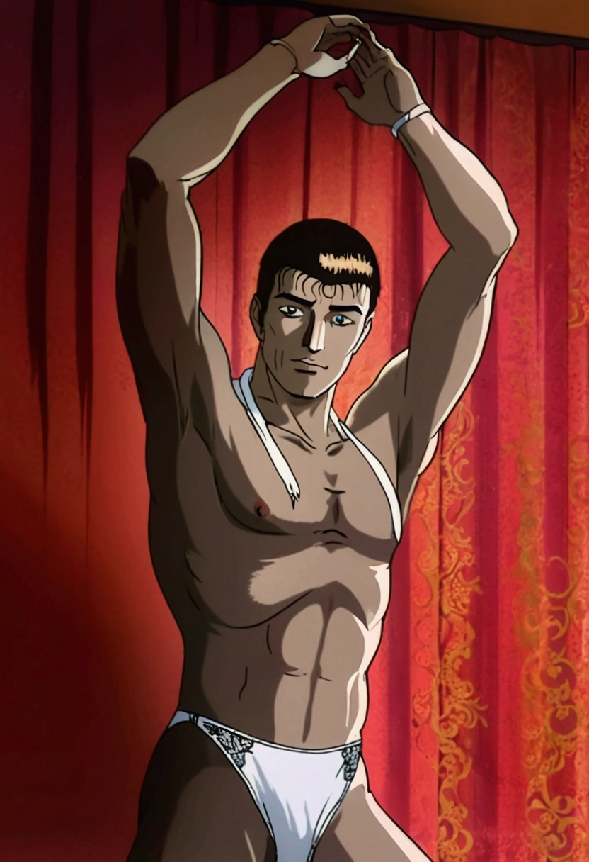 A drawing of a man wearing a sexy, lacy swimsuit, very sexy, toned and slim body, skin fair, honey brown eyes, arms up and behind the head, hair tied back and half loose on the shoulder, wild look, cock erect and marked under the fabric upwards.