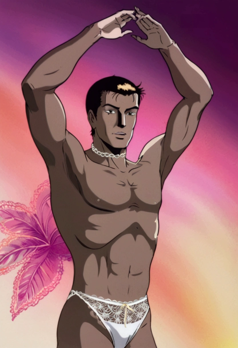 A drawing of a man wearing a sexy, lacy swimsuit, very sexy, toned and slim body, skin fair, honey brown eyes, arms up and behind the head, hair tied back and half loose on the shoulder, wild look, cock erect and marked under the fabric upwards.