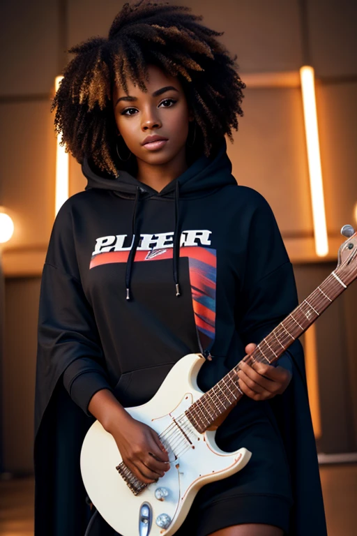 A high quality masterpiece,4k, of a very beautiful African American woman with a cloak hoodie pretty eyes with a electric guitar, with lightning coming from it.