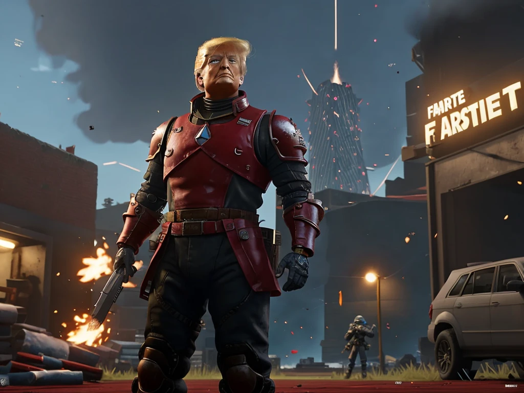 arafed man in armor standing in a street with buildings in the background, donald trump as baron harkonnen, donald trump is a space marine, donald trump in dark souls, donald trump as a cyborg, super saiyan donald trump, donald trump fortnite skin, donald trump in fortnite, dressed in tactical armor, donald trump cyborg
