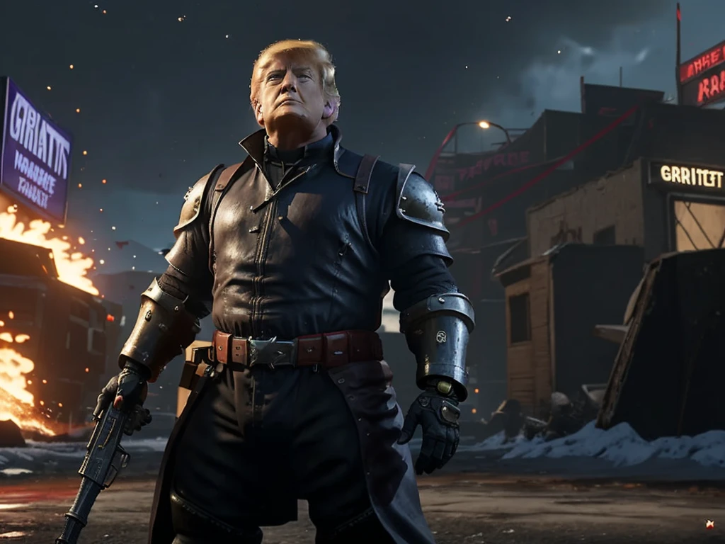 arafed man in armor standing in a street with buildings in the background, donald trump as baron harkonnen, donald trump is a space marine, donald trump in dark souls, donald trump as a cyborg, super saiyan donald trump, donald trump fortnite skin, donald trump in fortnite, dressed in tactical armor, donald trump cyborg
