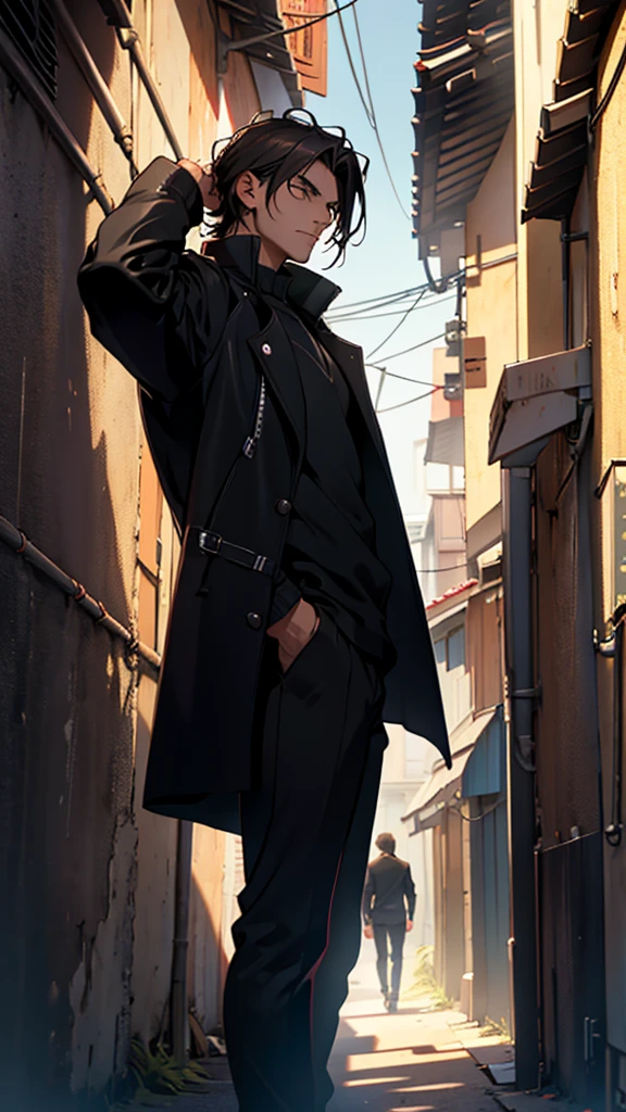 Icarus his typical cold and penetrating gaze, His dark hair perfectly styled standing out against the light of the alley.. elegantly adjusting his black jacket