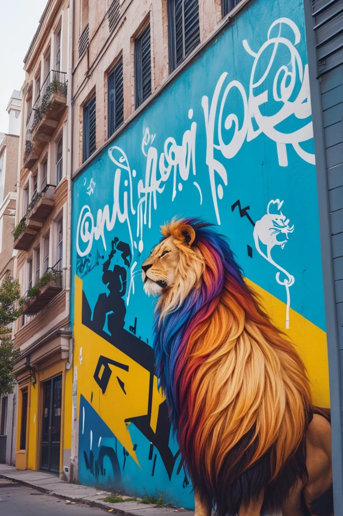 A colorful lion graffitied on the building