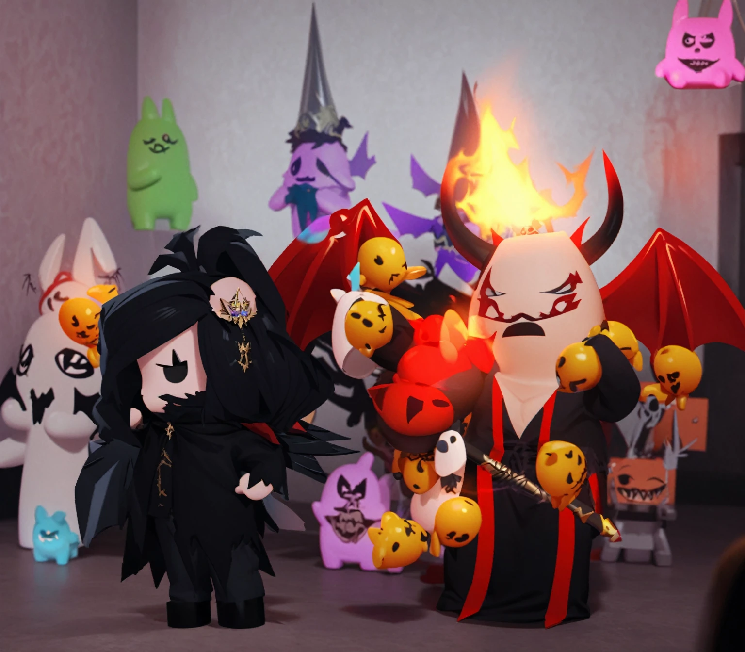 there are two figurines of a man dressed as a devil and a devil, invocando amigos mortos-vivos, invoking a supernatural god, tumblr, vrchat, Rabbids em um show de metal, summoning a demon, profile photo 1024px, badass composition, grim and gloomy lighting, evil lurks, from the black magician cemetery!!!, roblox avatar