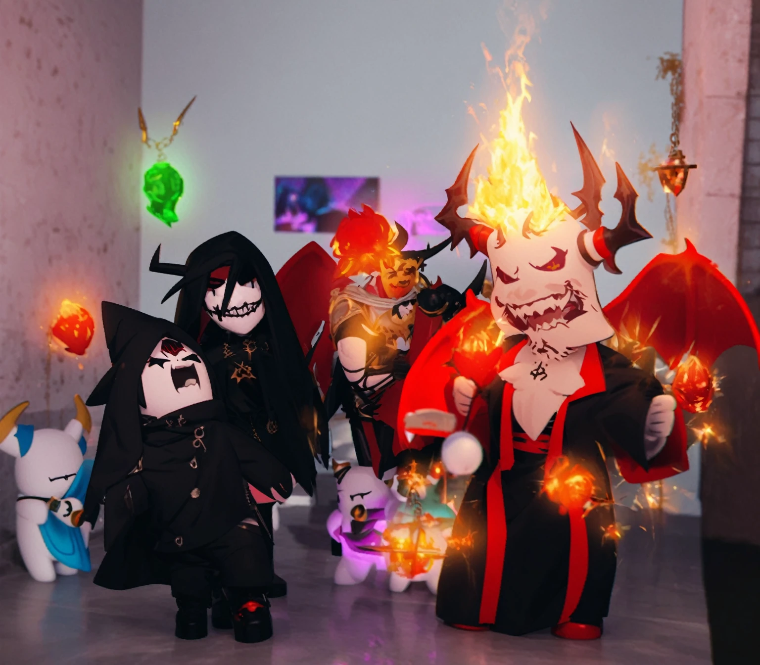 there are two figurines of a man dressed as a devil and a devil, invocando amigos mortos-vivos, invoking a supernatural god, tumblr, vrchat, Rabbids em um show de metal, summoning a demon, profile photo 1024px, badass composition, grim and gloomy lighting, evil lurks, from the black magician cemetery!!!, roblox avatar