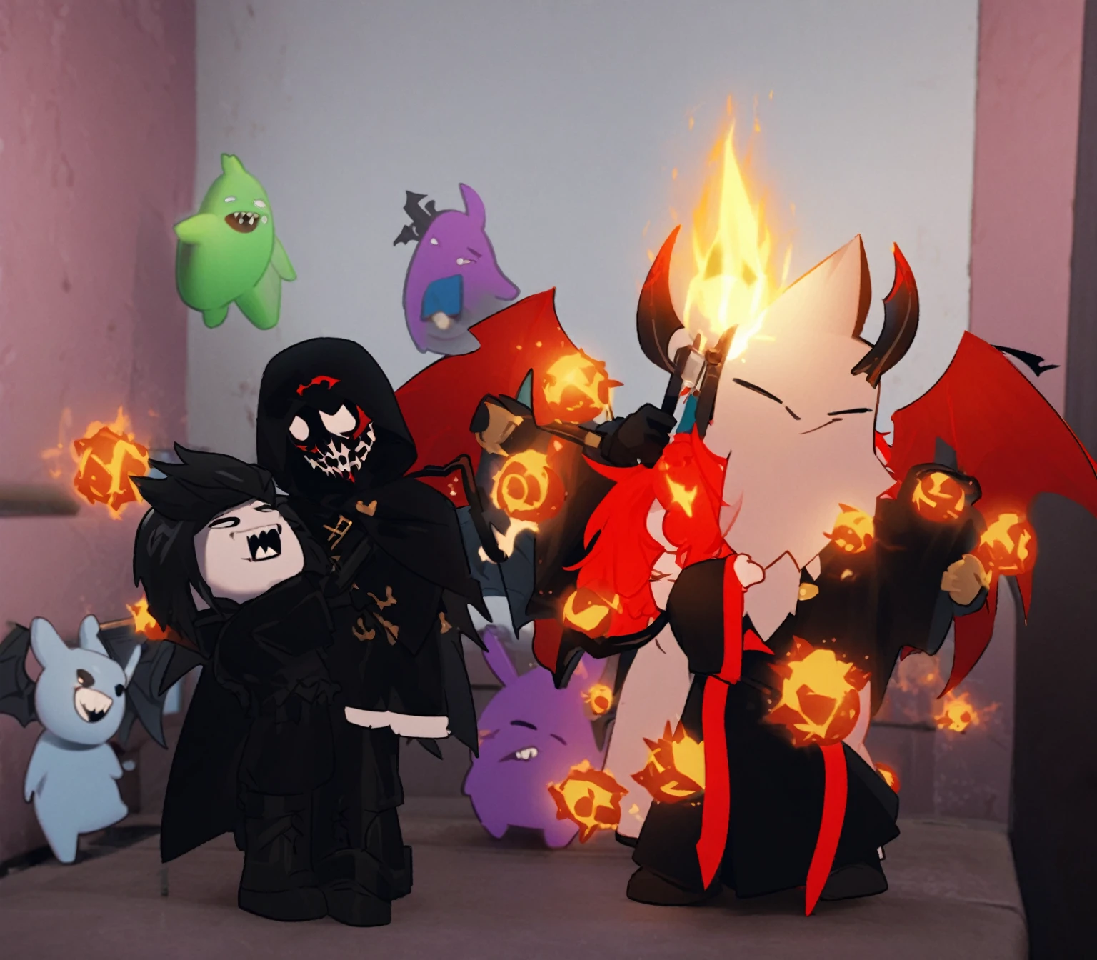 there are two figurines of a man dressed as a devil and a devil, invocando amigos mortos-vivos, invoking a supernatural god, tumblr, vrchat, Rabbids em um show de metal, summoning a demon, profile photo 1024px, badass composition, grim and gloomy lighting, evil lurks, from the black magician cemetery!!!, roblox avatar