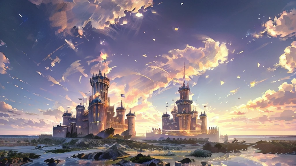 a fantasy world, steampunk castle, hot air balloon, fairies, daylight, detailed, (best quality,4k,8k,highres,masterpiece:1.2),ultra-detailed,(realistic,photorealistic,photo-realistic:1.37),intricate architecture, floating islands, glowing crystals, ornate clockwork mechanisms, warm color tones, dramatic lighting, cinematic composition