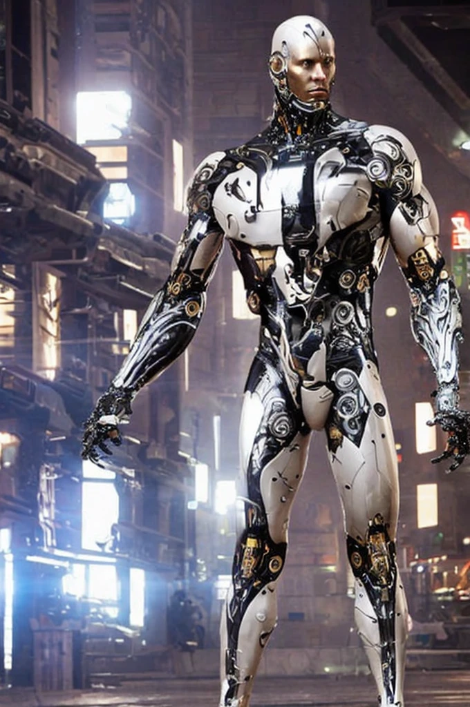 (masterpiece), best quality, detailed, imposing figure, humanoid creature, cybernetic enhancements, muscular, full body, organic tissue visible, metallic armor integrated with flesh, red cybernetic eyes, advanced sensors, mechanical arms and legs with organic components, integrated weapons, urban battlefield, aggressive stance, cyberpunk, futuristic, neon lights, post-apocalyptic cityscape, glowing veins, bio-mechanical fusion, scars and implants, partially exposed muscles
