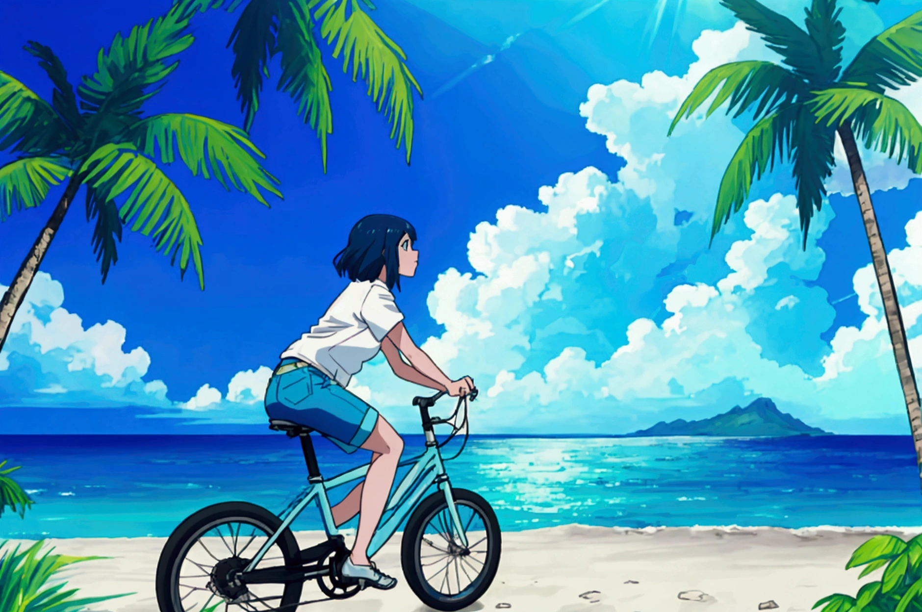 A woman riding a cruiser bicycle on a paved road next to a Hawaiian beach in the morning, wearing an oversized white T-shirt and denim shorts, expansive ocean view and blue sky in the background, tropical island scenery with palm trees, cool morning light with blue tones, crisp and refreshing atmosphere, summer vacation mood, action shot, side view, wide angle to emphasize the ocean backdrop"