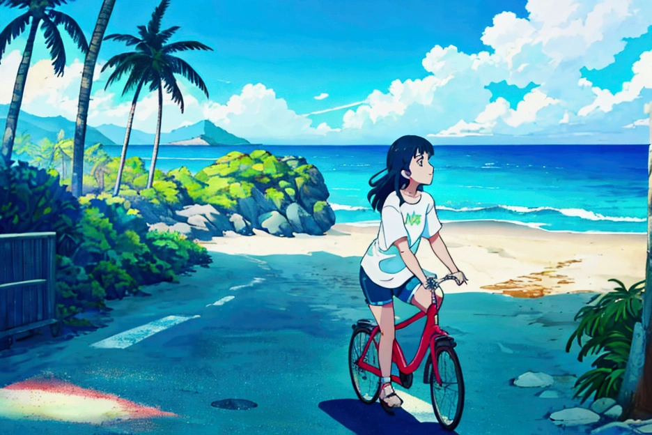 A woman riding a cruiser bicycle on a paved road next to a Hawaiian beach in the morning, wearing an oversized white T-shirt and denim shorts, expansive ocean view and blue sky in the background, tropical island scenery with palm trees, cool morning light with blue tones, crisp and refreshing atmosphere, summer vacation mood, action shot, side view, wide angle to emphasize the ocean backdrop"