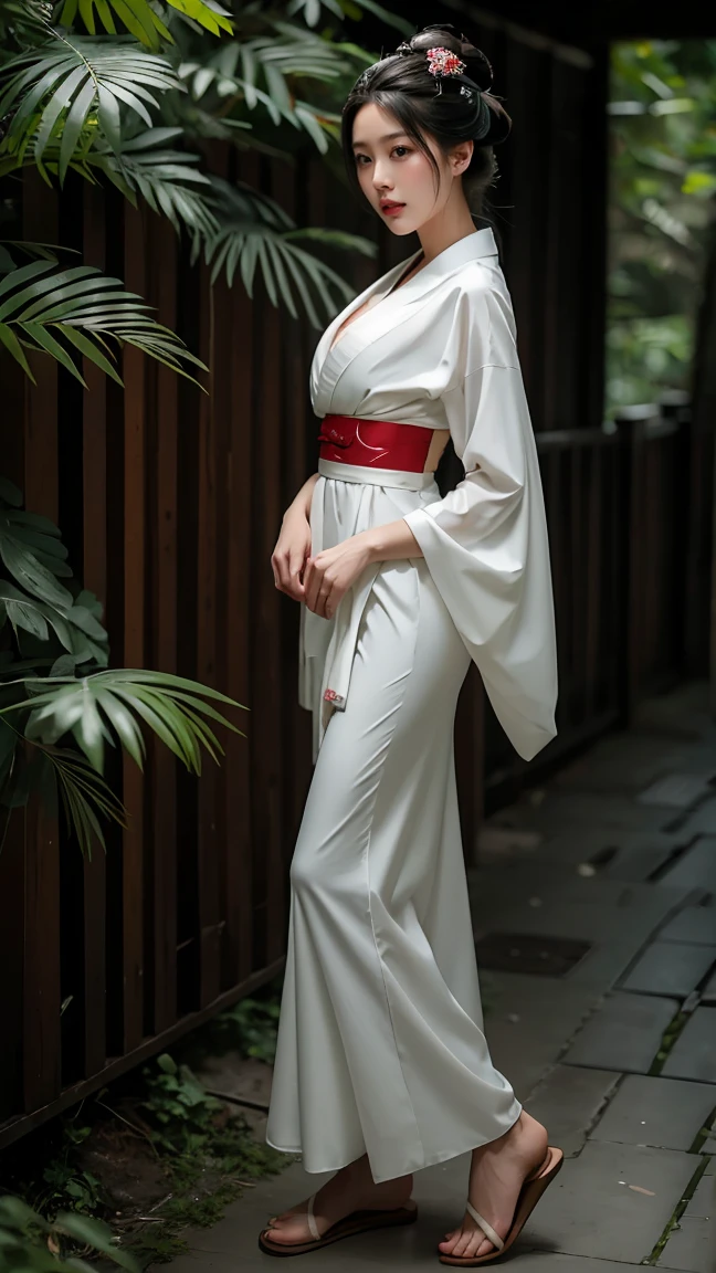 (masterpiece), best quality, expressive eyes, perfect face, HD, Benisato, kunoichi, snakes tattooed, She is a tall and matured woman with a slender curvaceous build with long legs and arms, Although a ninja herself, Benisato has the appearance of a beautiful and seductive geisha, She has porcelain skin and long dark hair tied back in a coif with a hairpin and traditional comb, Benisato is covered in serpent tattoos that come alive when she uses her powers and will usually appear naked during a battle to throw off her male victims, She wears traditional Japanese geisha robes, full body, pants, long sleeves, vest, sandals, kimono, Hongli, snakes supranatural 