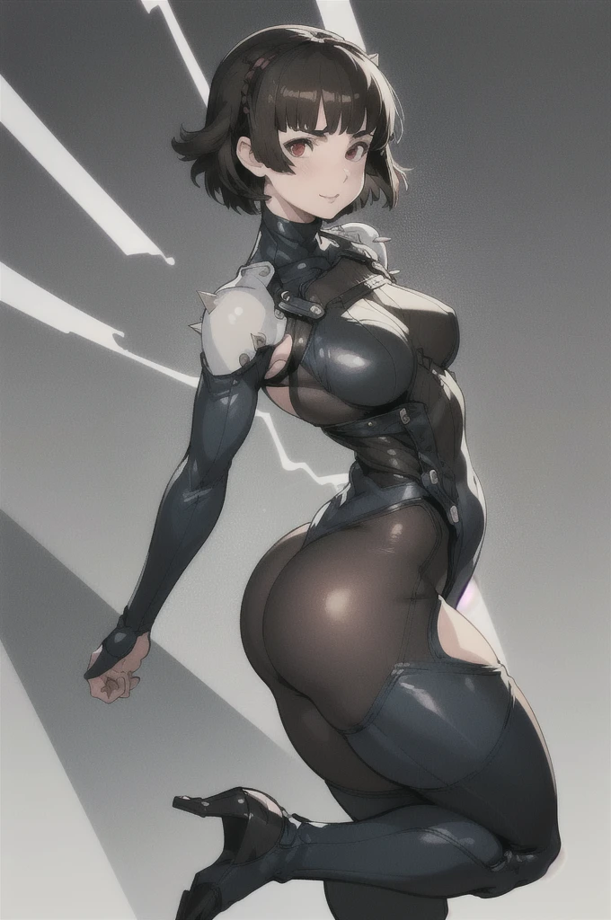 Fat face line, Makoto Niijima (Persona) Niijima Makoto (Persona), dark full bodysuit, laces, shoulder spikes
masterpiece, best quality, absurdres, ((Cylindrical body type)), Non-exposing bodysuit
((mature face)), ((big ass)), makoto niijima has become a mature woman, ((chubby upper body but small breasts)), 1girl, solo, ((height 150cm)), thick thighs, Beautiful face but chubby face, (((Chubby makoto niijima))), ((Stand up straight)), ((Full body)), (low head 1.5), A little chubby body type and small breasts, masterpiece, ((small breasts)), (thick legs), Full body+, Solo, Swollen face, 1 woman, thick thighs, solo, masterpiece, best quality, A chubby figure that seems real, smile, (((Middle-aged obesity))), Persona 5 Battle body Suit, fat body shape, 