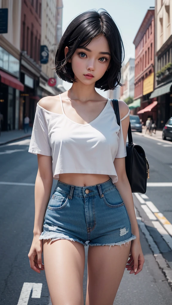 1girl, short black hair, blue eyes, wearing plain without shirt, denim shorts, city, absurdres, high res, ultrasharp, 8K, masterpiece, looking at viewer