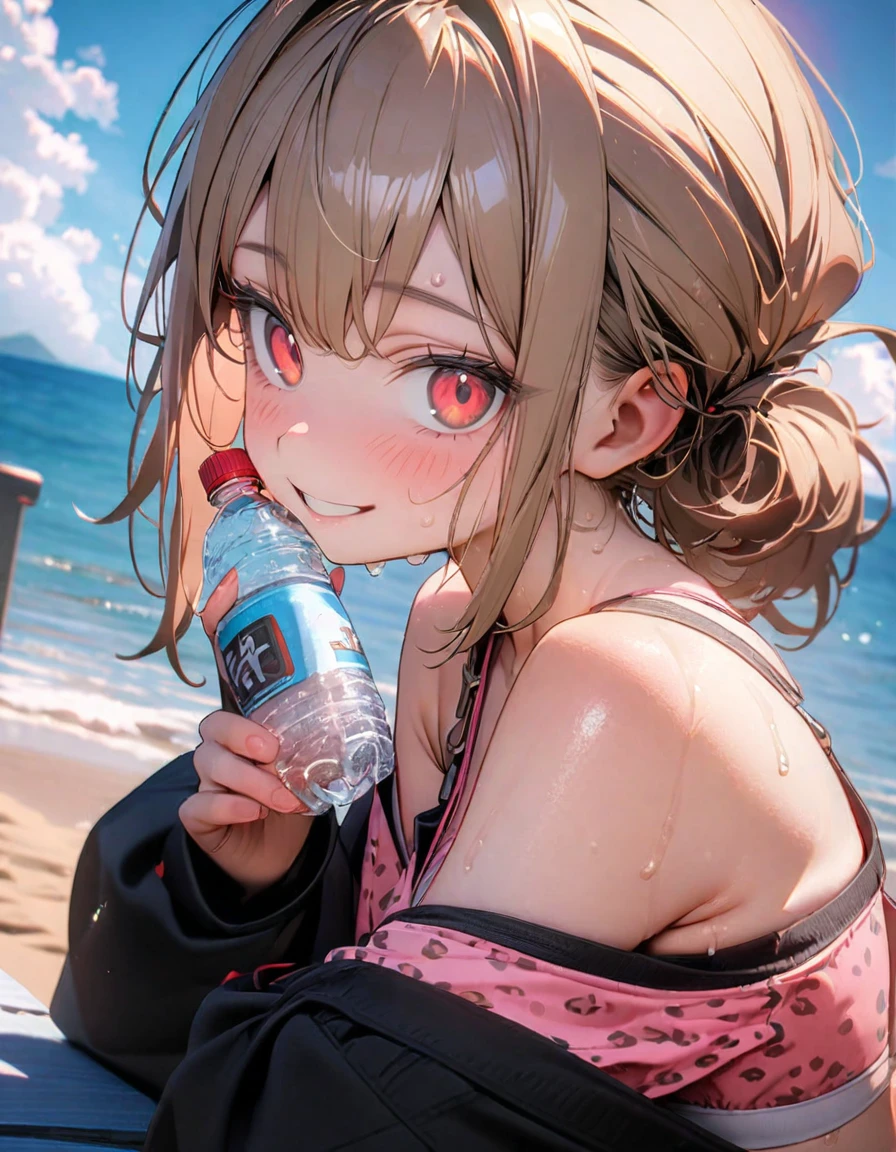 (8K, best quality, master piece: 1.2),super high resolution,1 girl,1６yo,独奏,ultra-detailed face,deep detailed eyes,mascara,Carelessly tied up hair,gold hair,Drinking cola from a plastic bottle,wearing leopard pattern off shoulder bikini(pink:1.4),(arched back),smile,red eyes,rim light,Sweat,Big Breastsカウボーイショット,blue sky,outdoors sea side