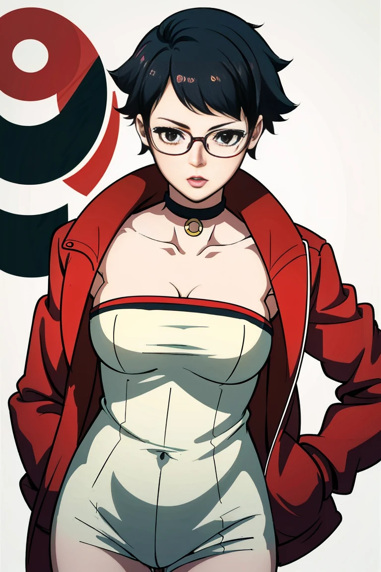 anime girl in a short dress and glasses with a red cape, persona 5 art style wlop, style artgerm, extremely detailed artgerm, ! dream artgerm, ig model | artgerm, female protagonist 👀 :8, realistic anime 3 d style, artgerm portrait, anime styled 3d, realistic anime artstyle ((( same  pose showing belly)))(((naked)))((((no jacket)))