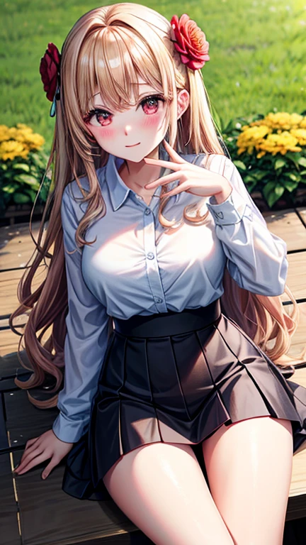 red blush、Blonde with a perm、red eyes、Beautiful girl alone、and souls、solo、a miniskirt、A sexy、flower field、