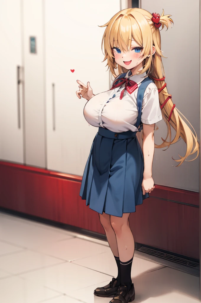 masterpiece, akai haato, hololive, 1girl, bangs, blonde hair, blue eyes, blush,(((huge breasts))), collared shirt, hair between eyes, hair ornament,heart, heart hair ornament, long hair, , neck ribbon, one side up, red ribbon, ribbon, , sidelocks, simple background, smile, solo, sparkle, virtual youtuber, white background, white shirt, , :d, blue skirt,,blush,sweating,,closed mouth,indoor,standing,socks,from side