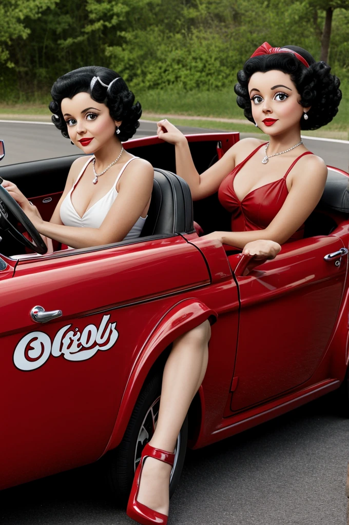 Betty Boop is sitting in the passenger seat of a red sports car, the driver is a bottle of wine with a man's face and arms and legs, cartoon