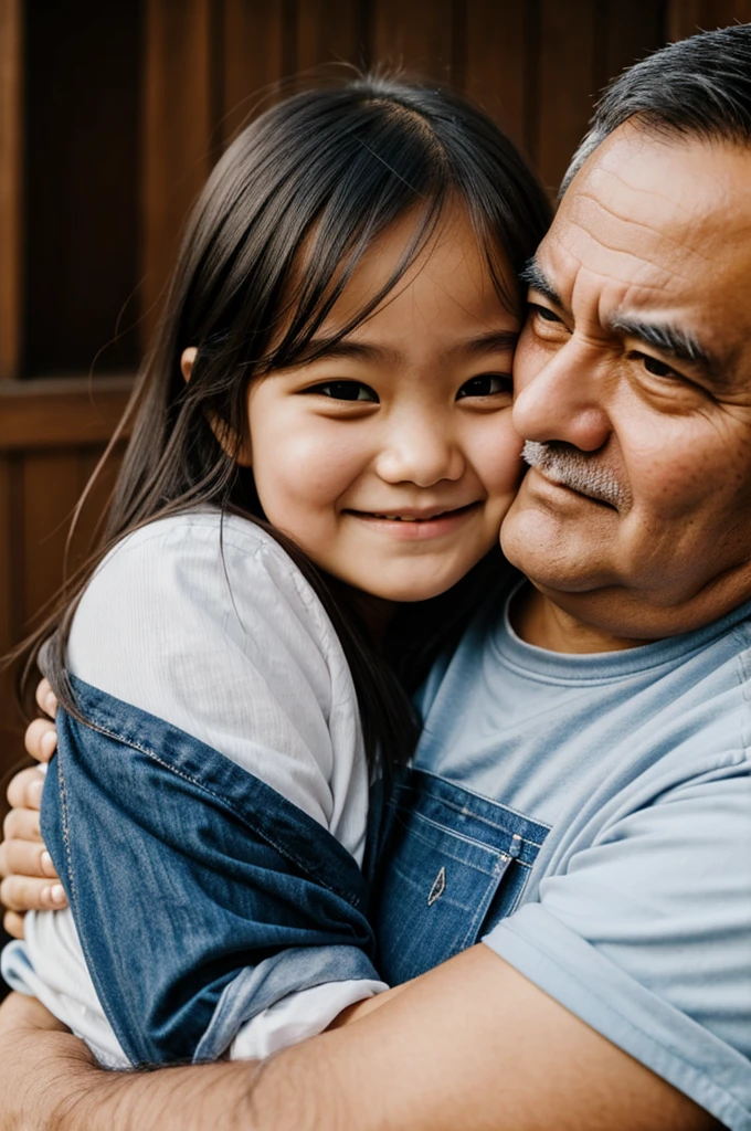 Round-faced daughter hugging her father