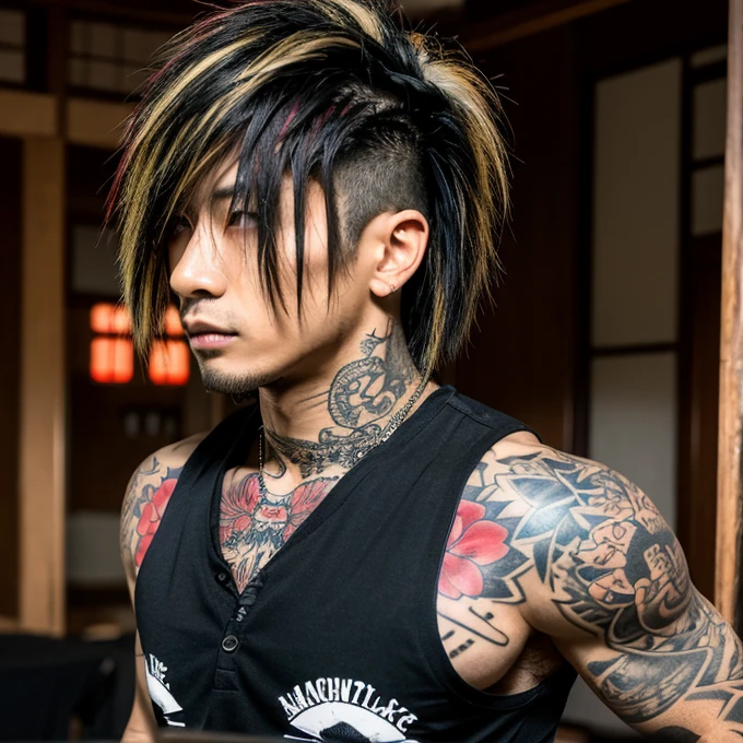 1 man, Japanese man, male, Asian eyes, muscular, broad shoulders, yakuza tattoos, hairstyle Visual Kei style, hair Visual Kei, black men's shirt and black pants, ultra detailed face, hyperrealistic, realistic representation, long hair, long hair, 30 years old, age 30 years, blond, blonde hair