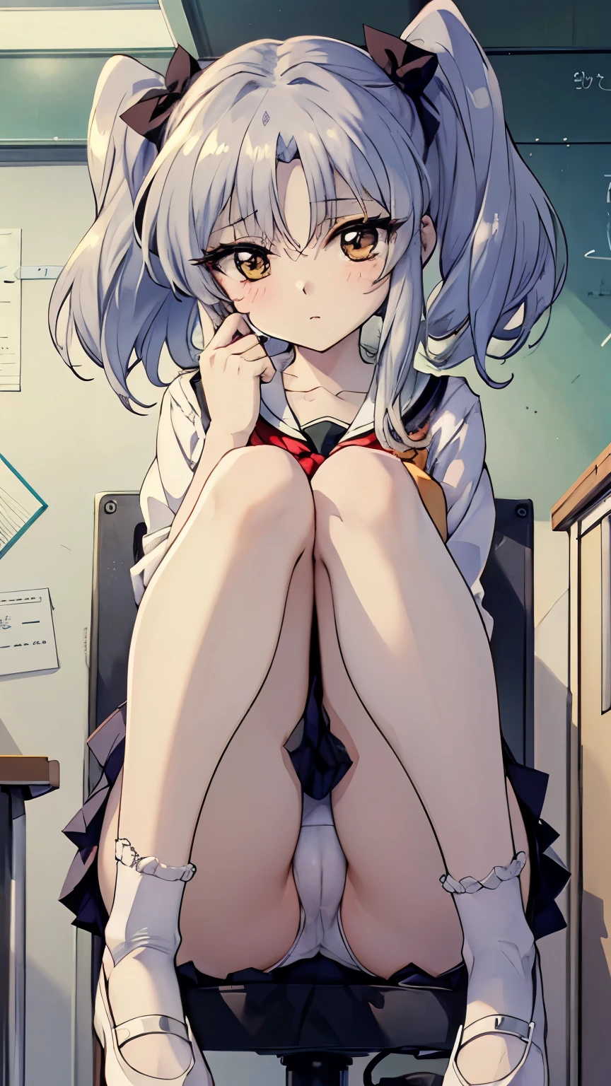 8K, A masterpiece of softcore pornography shot by Kishin Shinoyama, Bast quality,big, RAW Photos, (Ultra-thin contour lines), (1 Girl), Ruri Hoshino, Ruri Hoshino , Dark brown eyes, Star-shaped highlight eye, Silver Hair, Twin tail middle hair, Professional Lighting, (Shiny skin: 1.2), shiny big, ((Highest quality)), Sharp focus: 1.2, Highly detailed face and skin texture, fine grain, Perfect Face, Perfect body, Blur Art, CG, background, milk, in front (18-year-old, Cool and beautiful girl face), wear ((school uniform)), thigh), blush, (Porn Cosplayer), (Camel Toe, White panties), Gravure idol style table, She pulled up her skirt to avoid the heat..、I sat on the desk with my knees raised...。., My favorite girl, Browsing Caution,