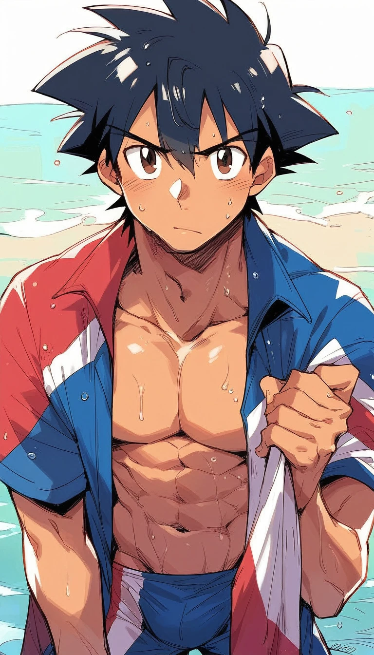 1boy, olo, ash ketchum, black hair, brown eyes, hair between eyes, ash ketchum, on beach, open shirt, short sleeves, shirtless, male swimwear, wet hair, wet skin, sweat skin, handsome boy, macho, good looking boy, seposes, windy
