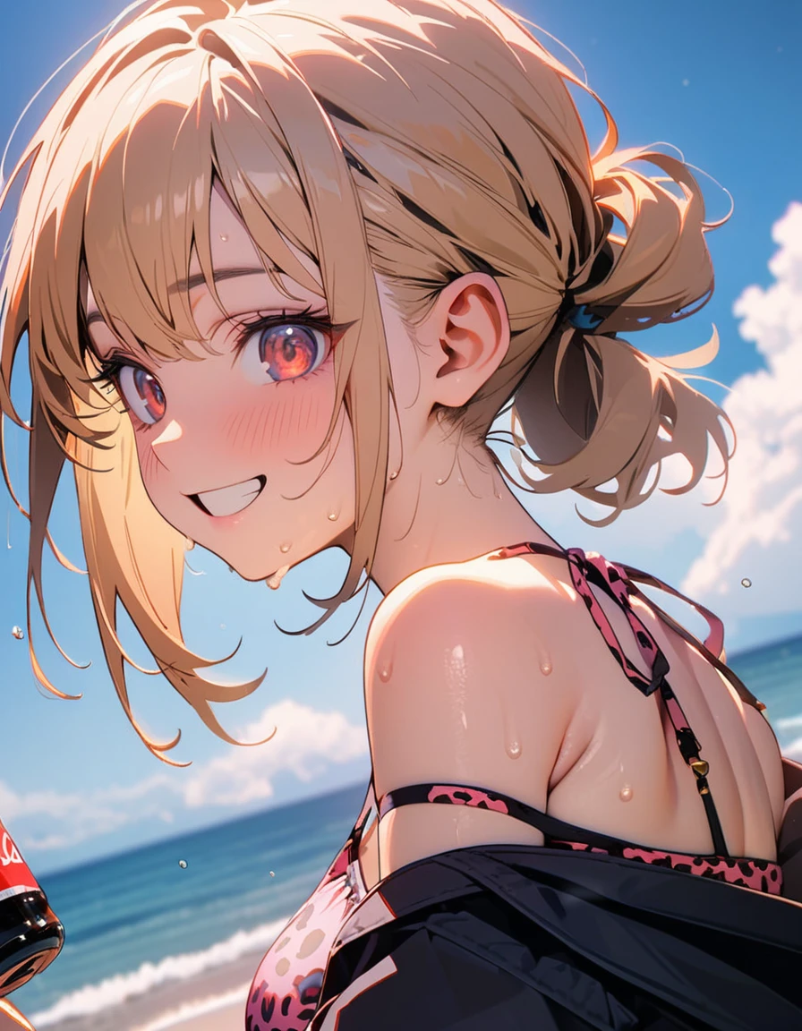 (8K, best quality, master piece: 1.2),super high resolution,1 girl,1６yo,独奏,ultra-detailed face,deep detailed eyes,mascara,Carelessly tied up hair,gold hair,Drinking cola from a plastic bottle,wearing leopard pattern off shoulder bikini(pink:1.4),(arched back),smile,red eyes,rim light,Sweat,Big Breastsカウボーイショット,blue sky,outdoors sea side