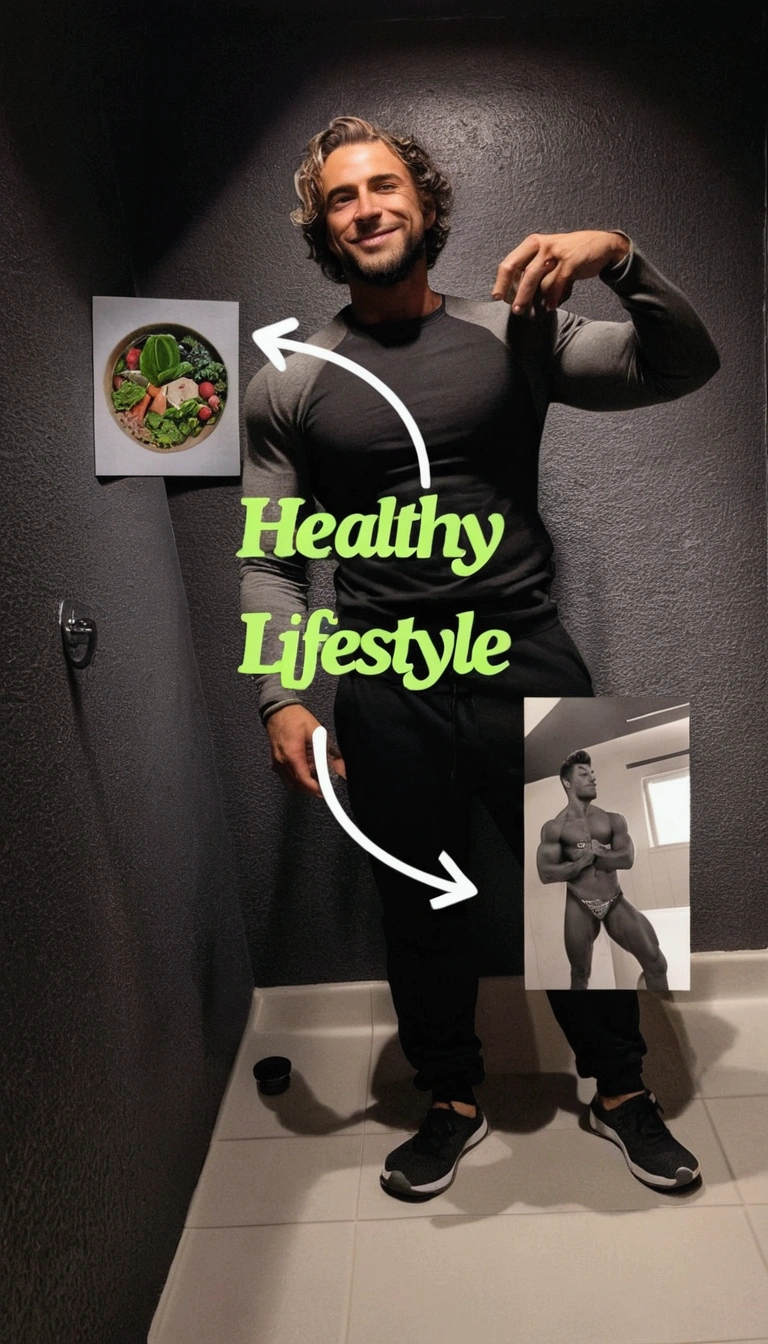 there is a man standing in a bathroom with a picture of himself, lifestyle, healthy, fit pic, 🔞🤡, cottagecore!! fitness body, profile image, 🤬 🤮 💕 🎀, 🪔 🎨;🌞🌄, profile pic, tummy, ad image, #oc, # oc, yummy, leaked image, instagram story