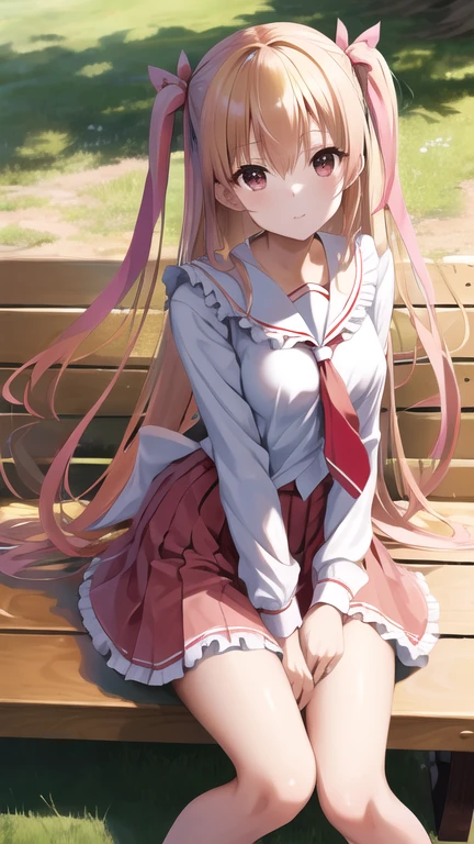 masterpiece, best quality, highres, aariko, long hair, blonde hair, two side up, hair ribbon, pink ribbon, , frills, serafuku, sailor collar, necktie, white shirt, long sleeves, red skirt, sitting, bench, outdoors