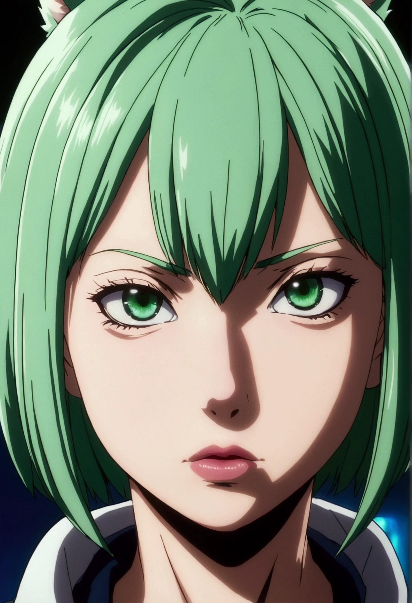 Screenshot of boku no hero academia. short hair style girl " wolf" and very straight.. green color. blue eyes. cold expression. a little dark circles. slightly pink lips. 