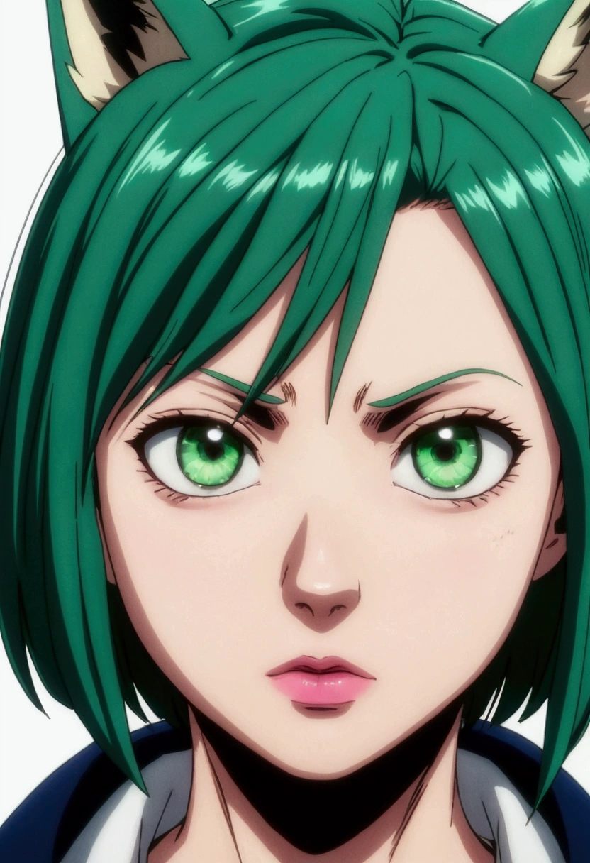 Screenshot of boku no hero academia. short hair style girl " wolf" and very straight.. green color. blue eyes. cold expression. a little dark circles. slightly pink lips. 