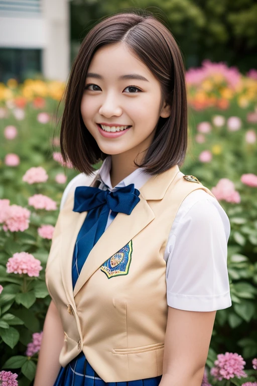 (a beautiful girl posing in a flower garden, (((full bodyesbian)))、((Girls' High School Uniforms)),  short-haired, with a charming smile, realistic skin textures, hyper-realism, photorealistic, beautiful detailed eyes, high contrast, ultra HD, top image quality, fine details, very meticulously)