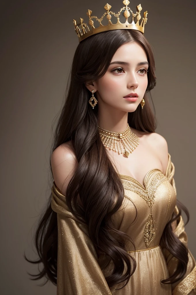 Woman with dark brown hair, skin fair, with delicate hairstyle, modest and elegant dress. Receiving a crown with only the King's hands crowning it