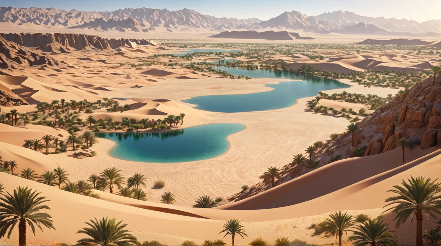 masterpiece, best quality, good quality, Fantasy aesthetics, Highly detailed, beautiful landscape, middle east inspired fantasy desert, oasis, desert mountain, background only, no other being (human etc), very detailed CG unified 8k wallpaper), clay texture, clean background, natural light, best quality, ultra detail