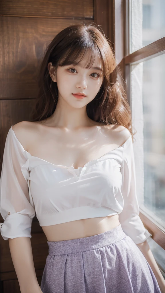 detailed background, masterpiece, best quality, 1 person , curly hair, long hair, purple eyes, star in eye , white Strapless blouse, long  skirt