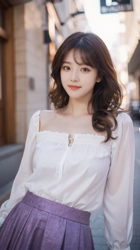 detailed background, masterpiece, best quality, 1 person , curly hair, long hair, purple eyes, star in eye , white Strapless blouse, long skirt