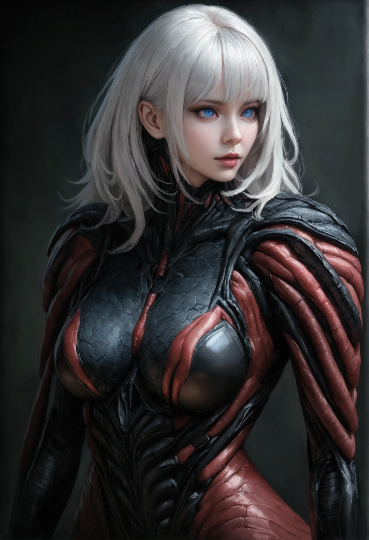 Large breasted lady as an xenomorph from the alien movie series. Super detailed, hires, 8K, deph of field, photo-realistic. dark gloomy background, monstrous, (white hair with blue and red tips), blue eyes