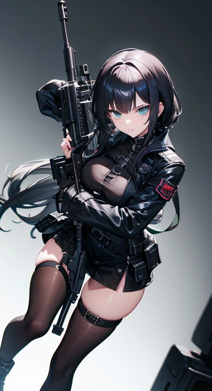 Create a high-quality image featuring an elf girl with dark navy-blue hair and straight-cut bangs. She is a member of a special forces police unit. She has a large red earring on her right ear and is holding an assault rifle. The background should feature a city inside a dome, with a black armored vehicle beside her.