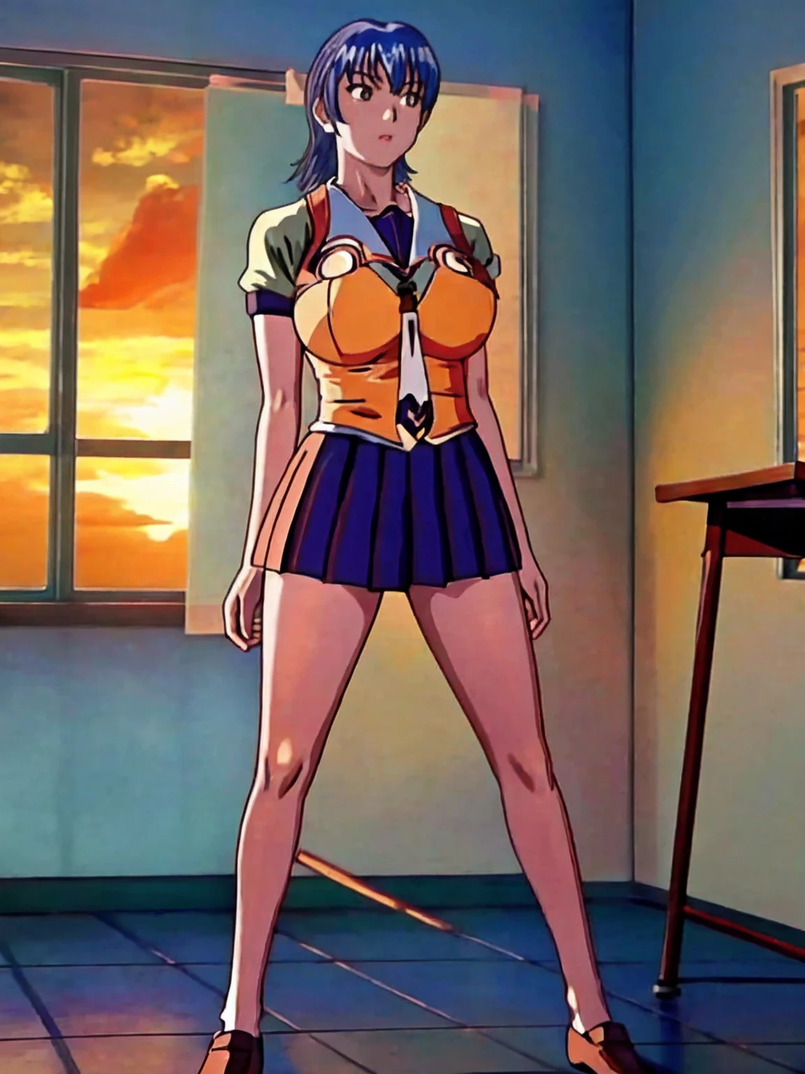 miyagishi_yuuki, , large breasts, classroom, standing masterpiece, best quality, full body, sunset