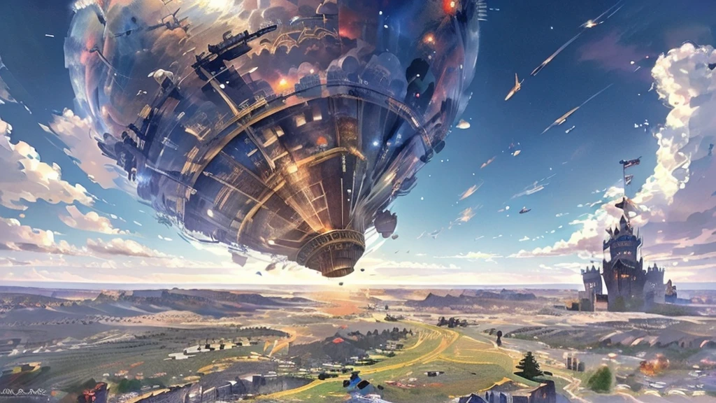 a fantasy world, steampunk castle, hot air balloon, fairies, mountains, detailed, daylight, anime style, beautiful detailed eyes, beautiful detailed lips, extremely detailed eyes and face, long eyelashes, intricate gears, brass mechanisms, ornate architecture, fantastical landscapes, glowing orbs, whimsical creatures, vibrant colors, dramatic lighting, (best quality,4k,8k,highres,masterpiece:1.2),ultra-detailed,(realistic,photorealistic,photo-realistic:1.37)