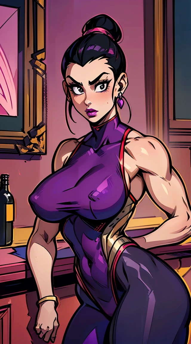 (1girl, alone, alone), (Mortal Kombat 11: Aftermath, elegant and flawless face, Sindel, gray hair, Sidel hair, long hair pulled back, long hair slicked back, multicolored hair, imposing expression, air of superiority, glamorous , arrogant), ((alone, (1 woman, pink lipstick, black eyes), extremely detailed, soft ambient lighting, 4k, perfect eyes, a perfect face, perfect lighting, the 1girl)), ((fitness,, shapely body, athletic body, toned body)), ((red outfit, gym outfit, lycra jumpsuit, dark red lycra bodysuit, hot pink lycra pants, white sneakers, red leotard, marble floor, bar, counter, drinks, bottles, painting, gold jewelry, sapphires, amethysts))