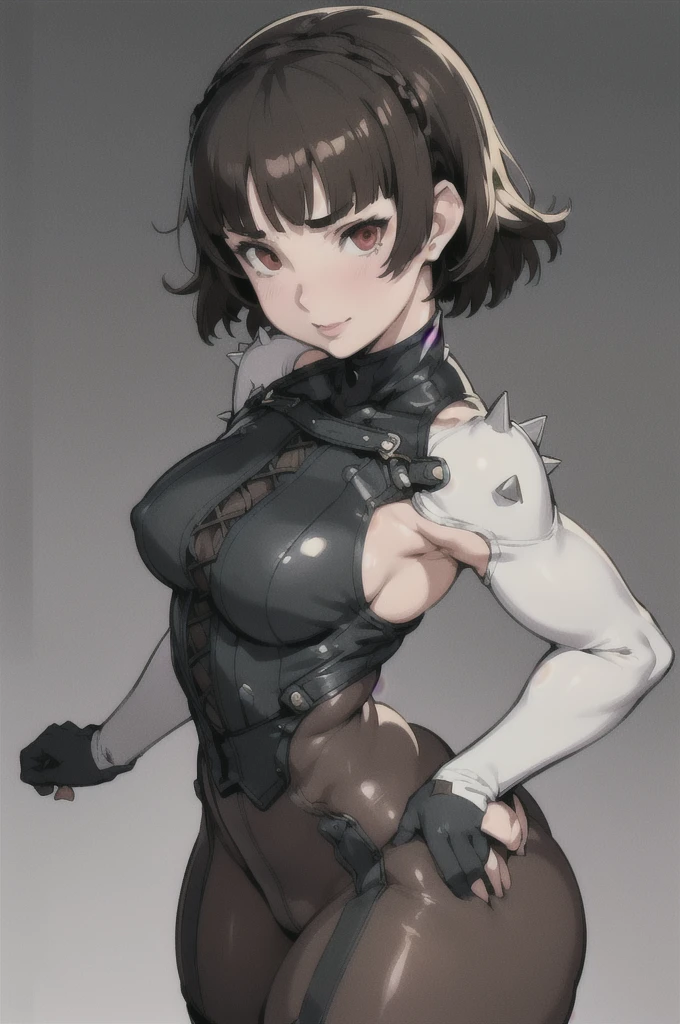 Fat face line, Makoto Niijima (Persona) Niijima Makoto (Persona), dark full bodysuit, laces, shoulder spikes
masterpiece, best quality, absurdres, ((Cylindrical body type)), Non-exposing bodysuit
((mature face)), ((big ass)), makoto niijima has become a mature woman, ((chubby upper body but small breasts)), 1girl, solo, ((height 150cm)), thick thighs, Beautiful face but chubby face, (((Chubby makoto niijima))), ((Stand up straight)), ((Full body)), (low head 1.5), A little chubby body type and small breasts, masterpiece, ((small breasts)), (thick legs), Full body+, Solo, Swollen face, 1 woman, thick thighs, solo, masterpiece, best quality, A chubby figure that seems real, smile, ((((Middle-aged obesity)))), Persona 5 Battle body Suit, fat body shape, 