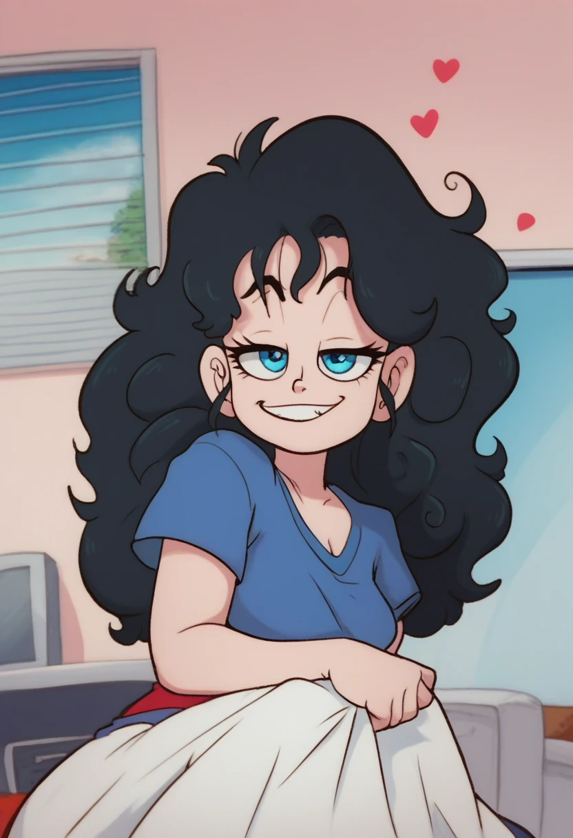 drgbls1, Curvy blue eyed girl with long wavy black hair and small breasts, sucking dick, (smug), nudity, (extreme nsfw), lewd, floating hearts, bedroom