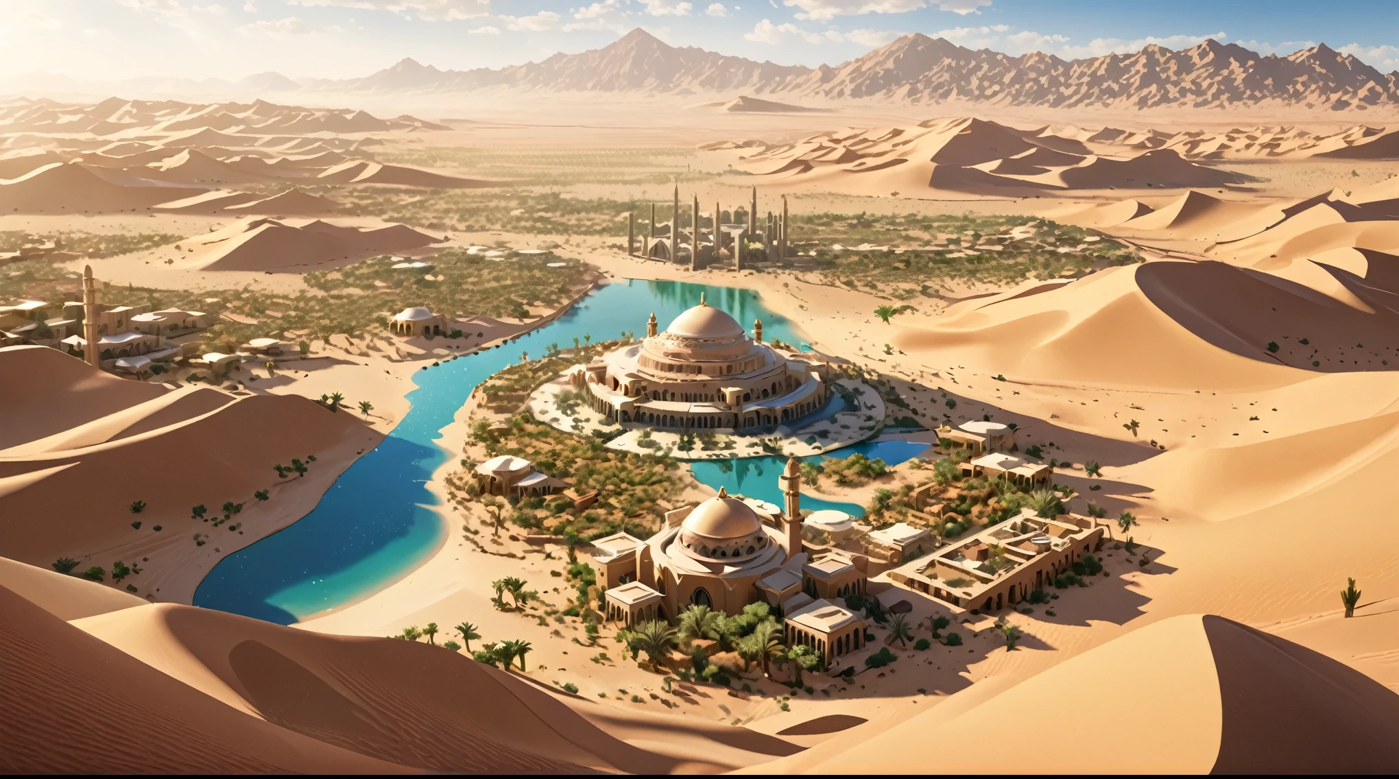masterpiece, best quality, good quality, Fantasy aesthetics, Highly detailed, beautiful landscape, middle east inspired fantasy desert, oasis, desert mountain, background only, no other being (human etc), futuristic middle east fantasy city, very detailed CG unified 8k wallpaper), clay texture, clean background, natural light, best quality, ultra detail