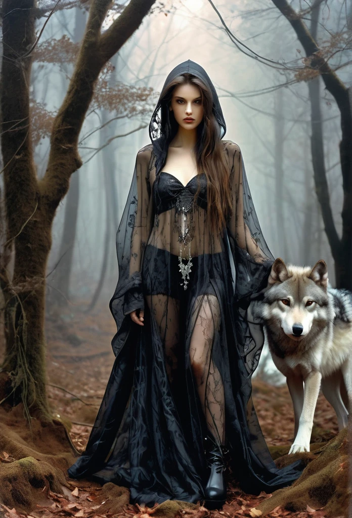 ((full body)),Gorgeous vampire... In the forest(((,a giant wolf))) is walking behind her,double exposure long,with you.A masterpiece oíl painting by luis Royo, drawn pencil art, ultra detailed, lips ultra gloss, long. wavy hair, dressed long,transculent, dressing, black long hoodie, bacground vintage, perfect hands, hearts, fractal, filigree, glowing, shadowy, ultra quality, 3d, spoked hairstyle