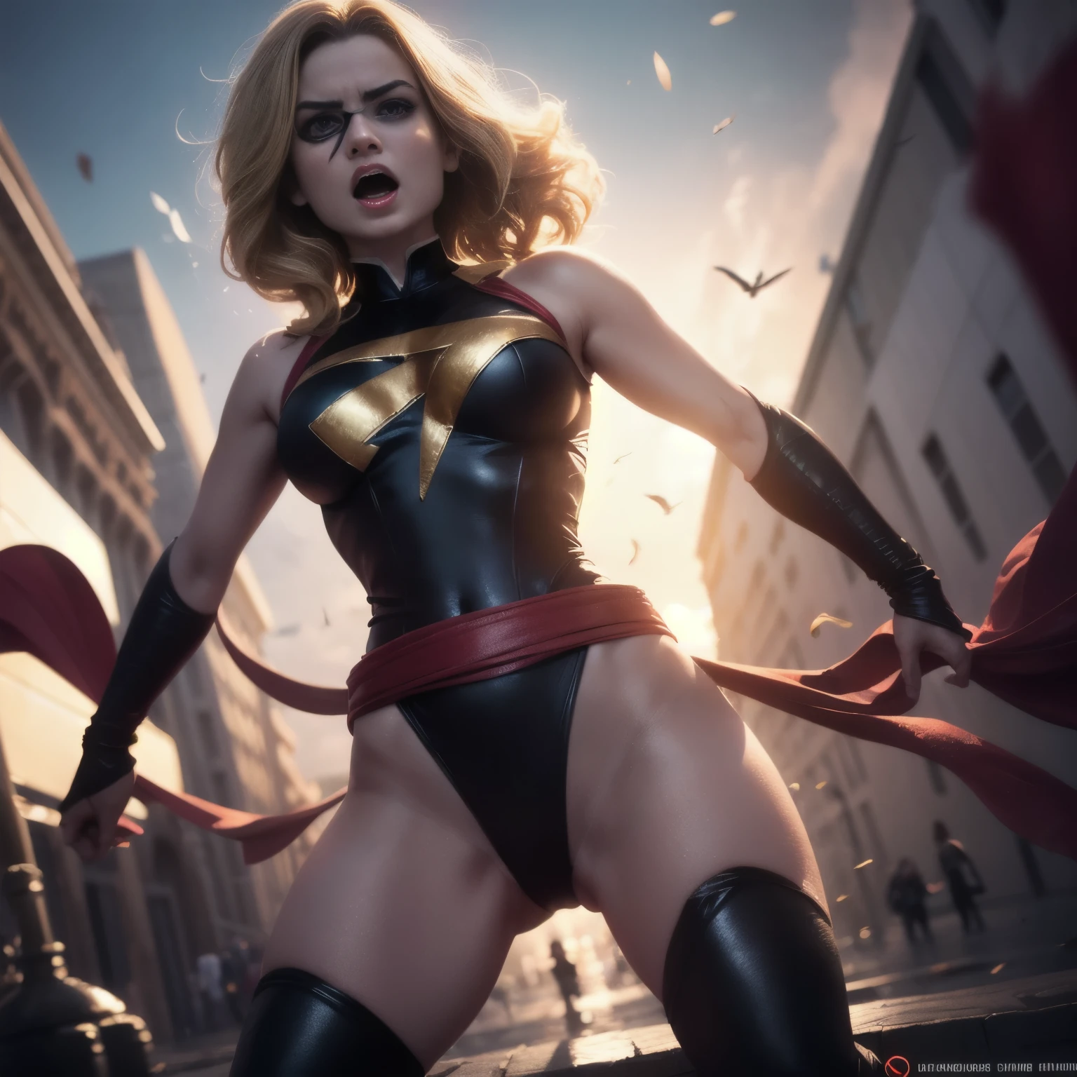 (masterpiece),screaming Brie Larson,Carol danvers,(open thighs),独奏, best quality, expressive eyes, perfect face,Beautiful blonde woman, beauty, Black high leg leotard, Red belt at waist, flight, Red ribbon waist、Gold details on the boots, Mask on the eyes, Red belt around the waist,,(torn costumes), (damage), injuries, (blood), bruises, photograph (masterpiece) (Highest quality) (detailed) (8K) (High resolution) (wallpaper) (Cinema Lighting) (Sharp focus) (Complex), sexy,Highest quality, 超High resolution, photographrealistic, Very beautiful, detailedな肌の質感, 非常にdetailedな肌, detailedな顔, shoot from below,