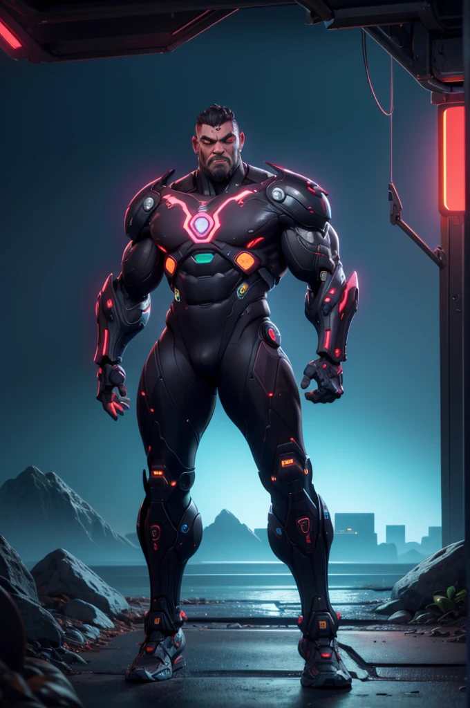 (masterpiece), best quality, detailed, 1man, imposing figure, humanoid creature, cybernetic enhancements, muscular, full body, organic tissue visible, metallic armor integrated with flesh, red cybernetic eyes, advanced sensors, mechanical arms and legs with organic components, integrated weapons, urban battlefield, aggressive stance, cyberpunk, futuristic, neon lights, post-apocalyptic cityscape, glowing veins, bio-mechanical fusion, scars and implants, partially exposed muscles
