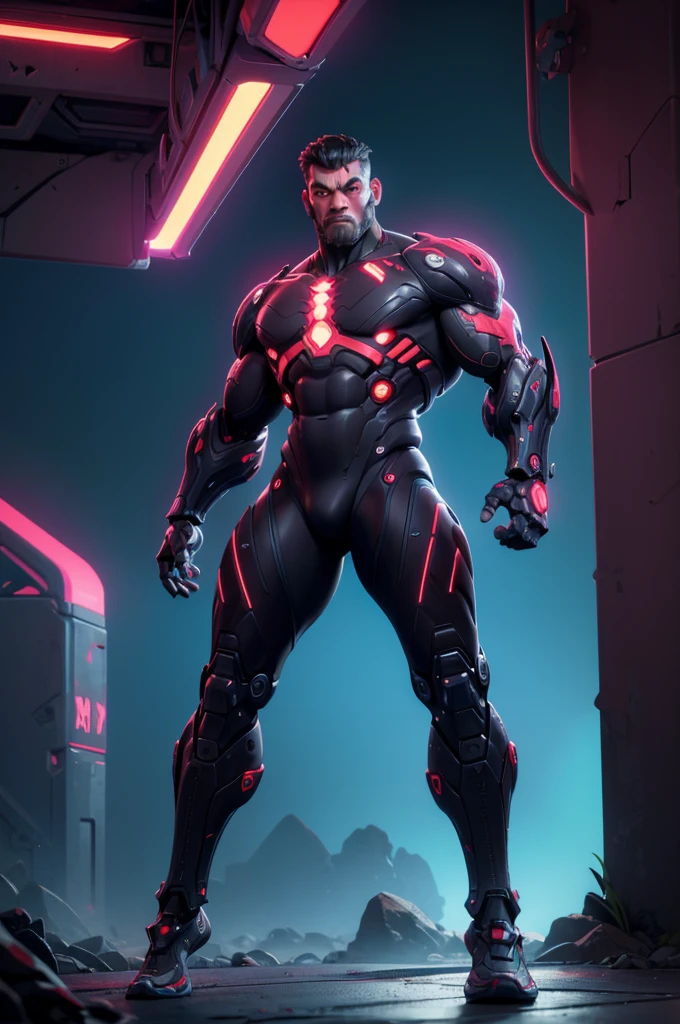 (masterpiece), best quality, detailed, 1man, imposing figure, humanoid creature, cybernetic enhancements, muscular, full body, organic tissue visible, metallic armor integrated with flesh, red cybernetic eyes, advanced sensors, mechanical arms and legs with organic components, integrated weapons, urban battlefield, aggressive stance, cyberpunk, futuristic, neon lights, post-apocalyptic cityscape, glowing veins, bio-mechanical fusion, scars and implants, partially exposed muscles
