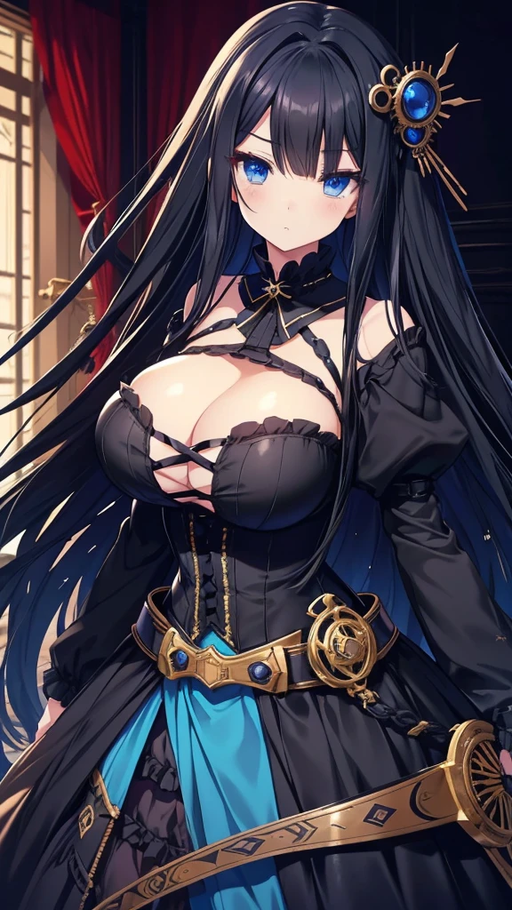 best quality, extremely detailed,anime style girl,long hair down to the waist, straight hair, ((dark black hair with bluish)),braid,beautiful detailed eyes, pinched eyes, (dark blue eyes),huge breasts,curvy,Steampunk-style costumes,hair ornament,Luxurious room,cool expression,action scene